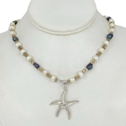 Sterling silver freshwater pearl bead sea star pendant necklace