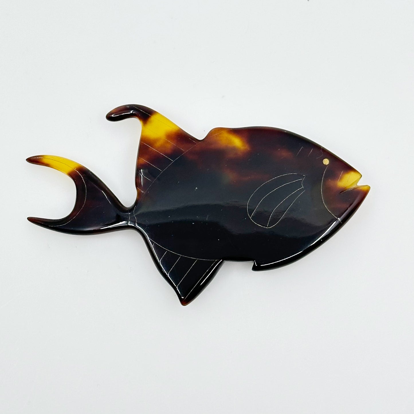 Vintage tortoise shell lucite fish brooch