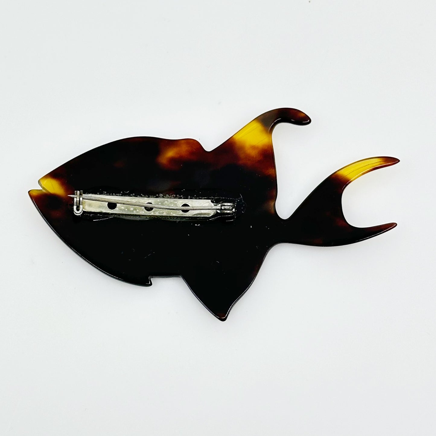 Vintage tortoise shell lucite fish brooch