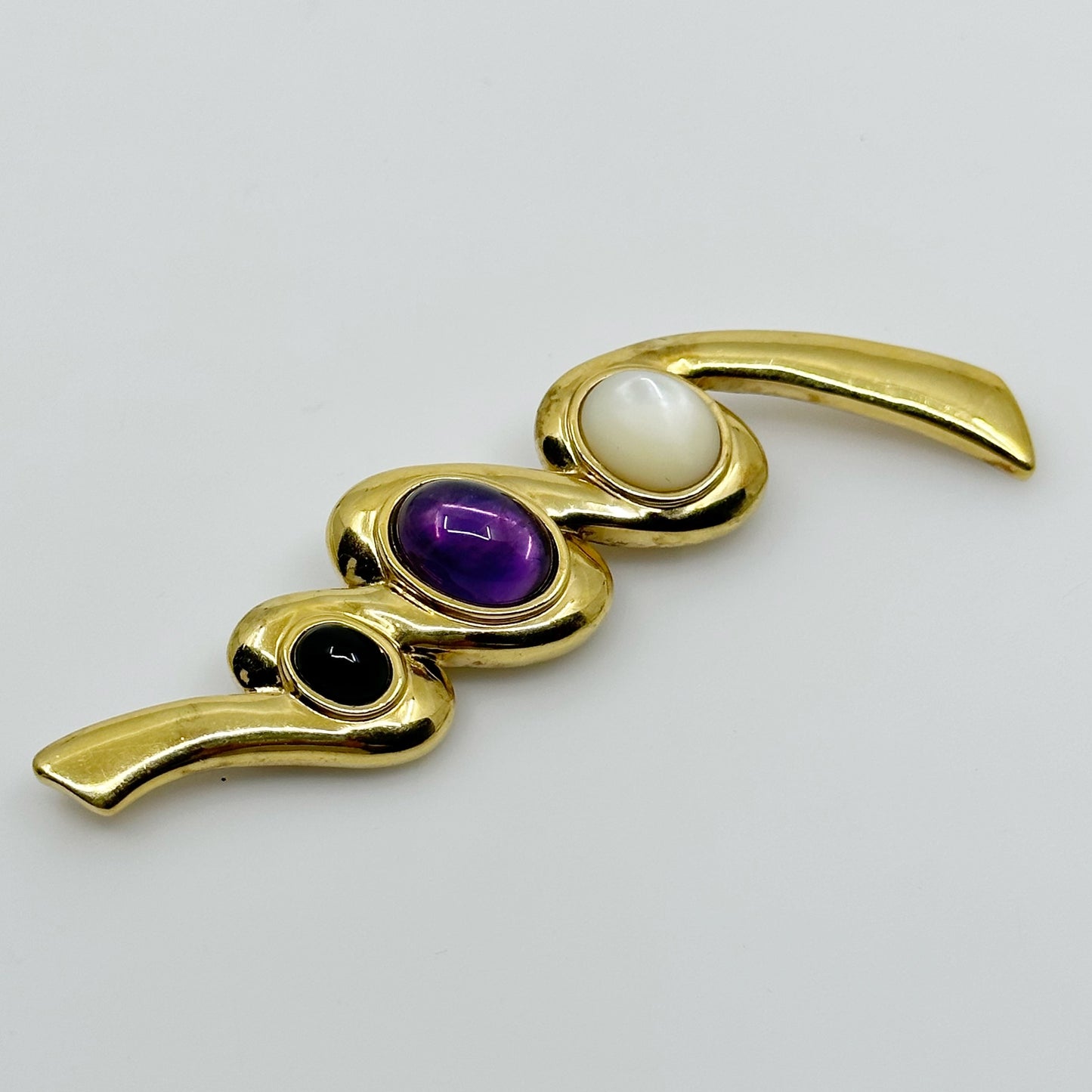 Kylo Gold Vermeil sterling silver mother pearl amethyst & onyx brooch