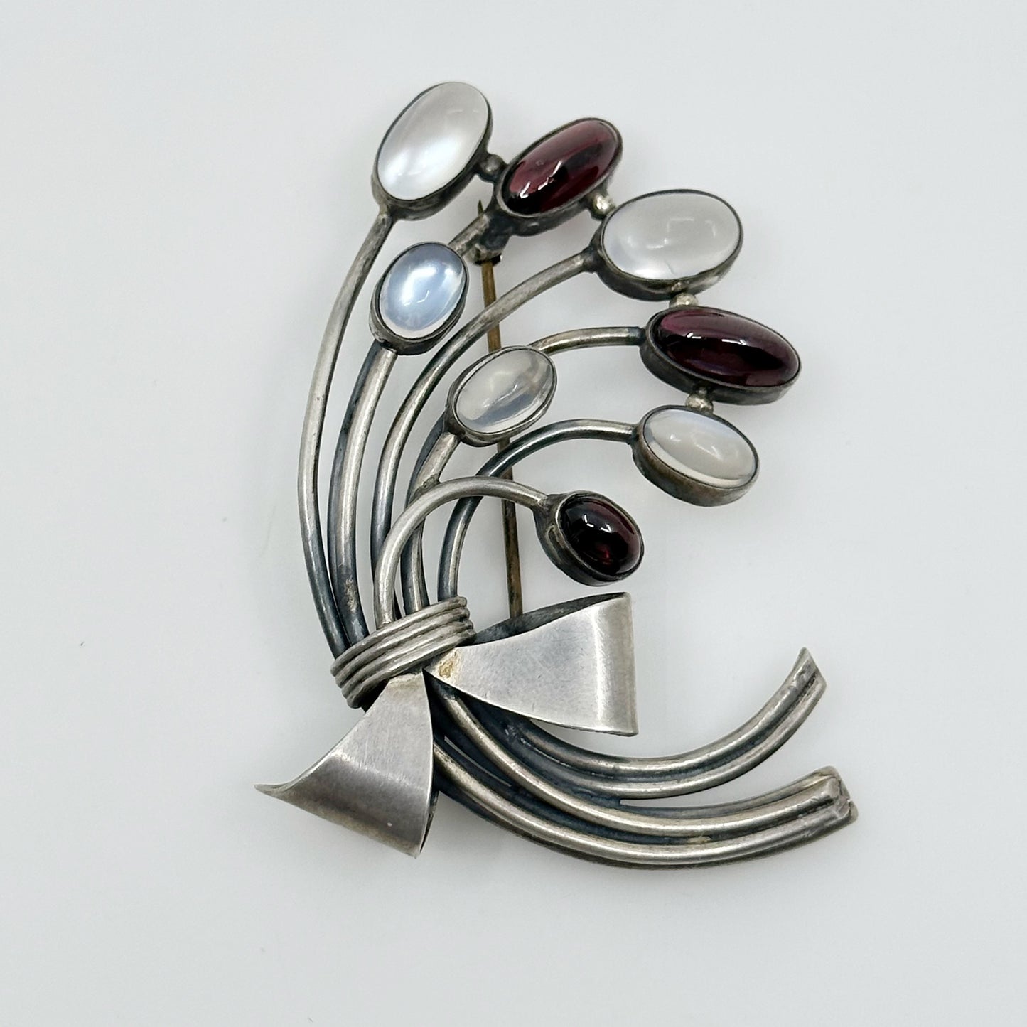 Art Nouveau sterling silver moonstone & garnet brooch