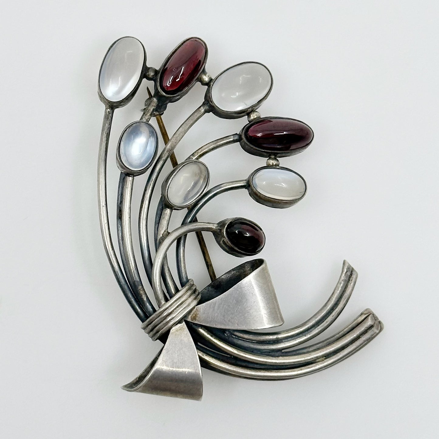 Art Nouveau sterling silver moonstone & garnet brooch