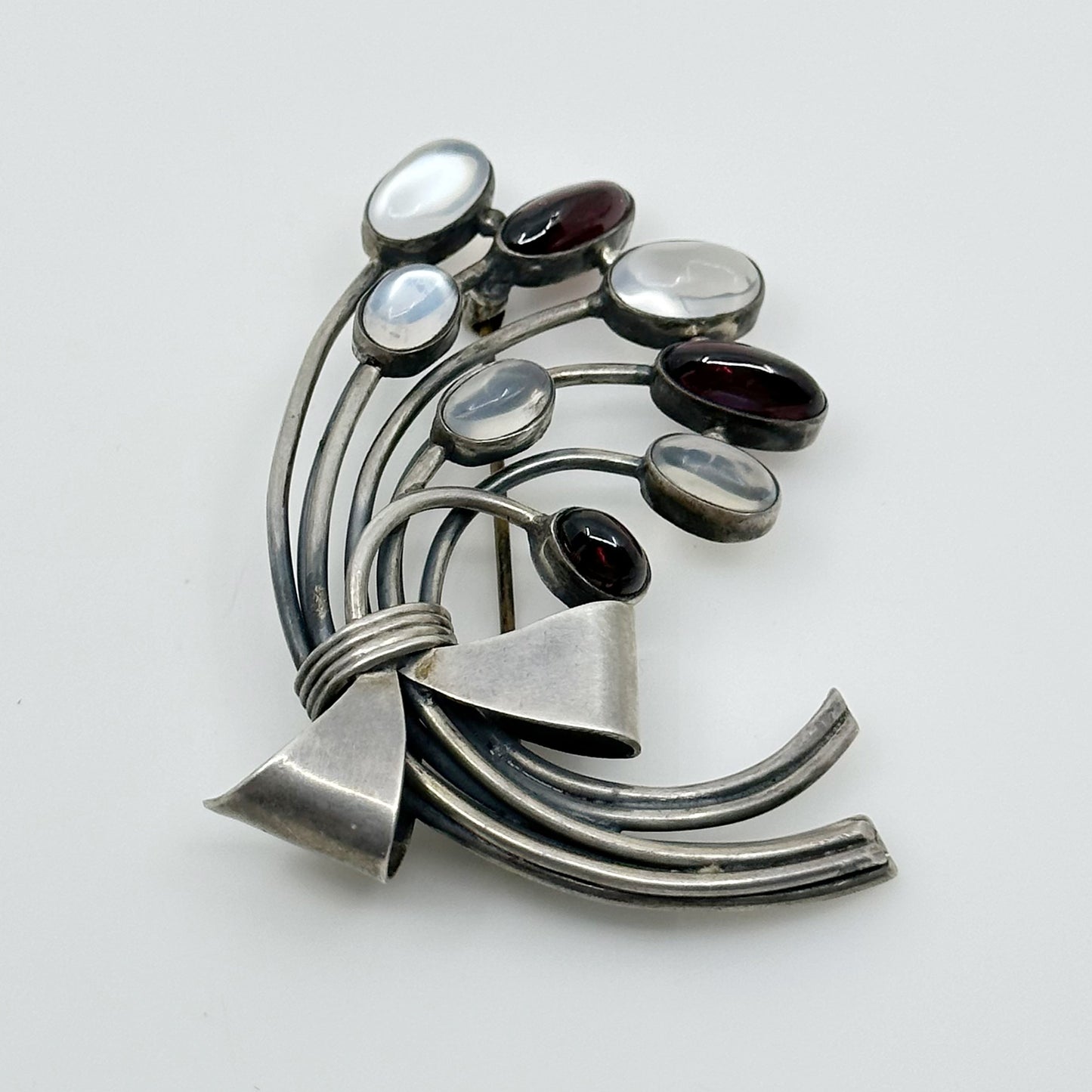 Art Nouveau sterling silver moonstone & garnet brooch