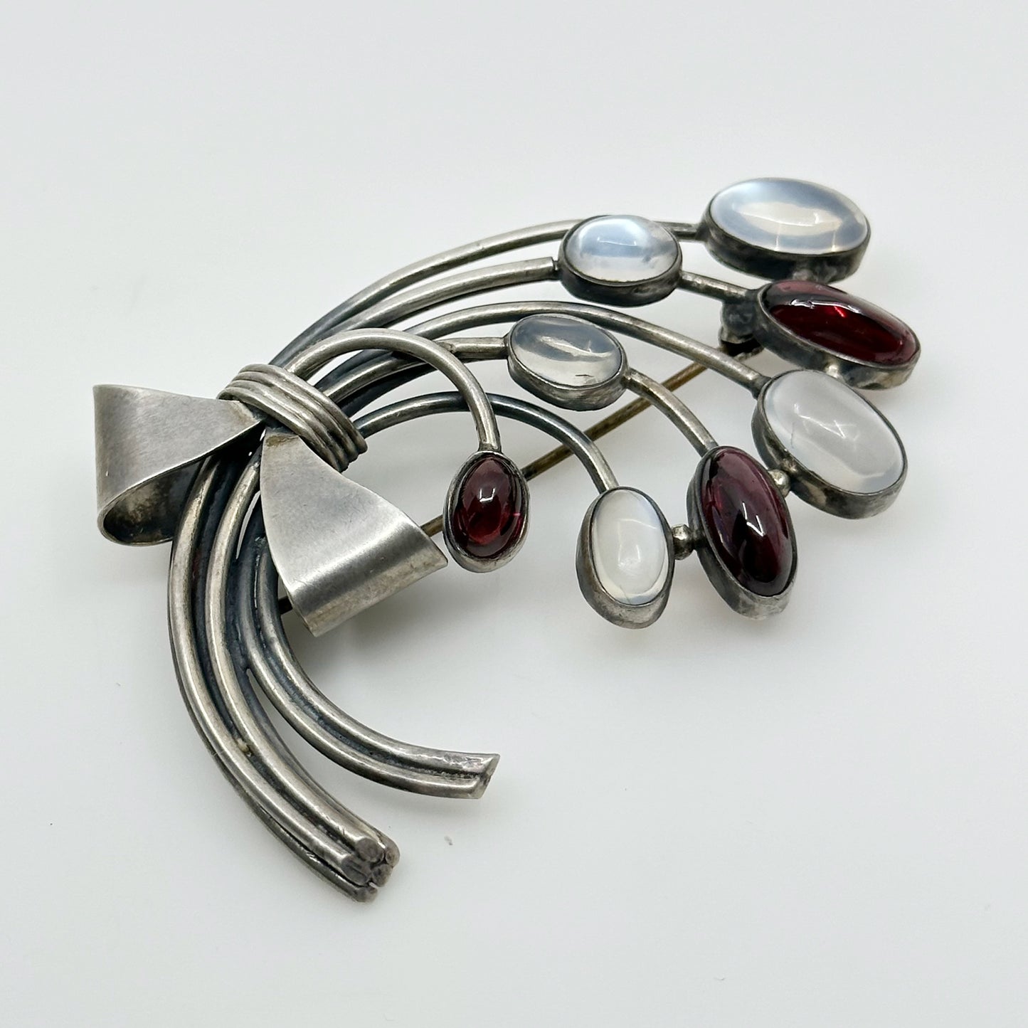 Art Nouveau sterling silver moonstone & garnet brooch