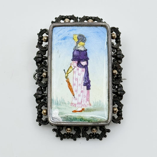 Georgian 18k gold sterling silver Hand Painted porcelain brooch GM577