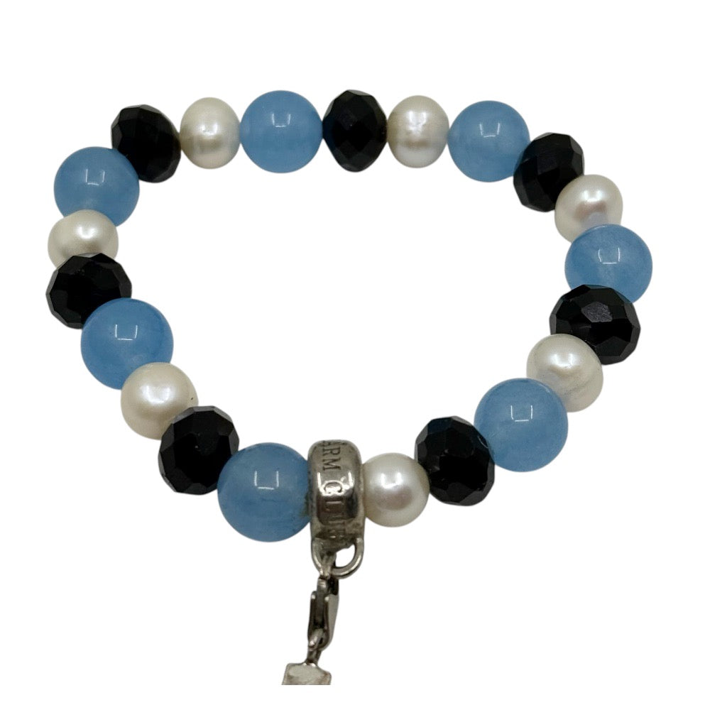 silver tone chalcedony pearl & onyx bead bracelet - GM578
