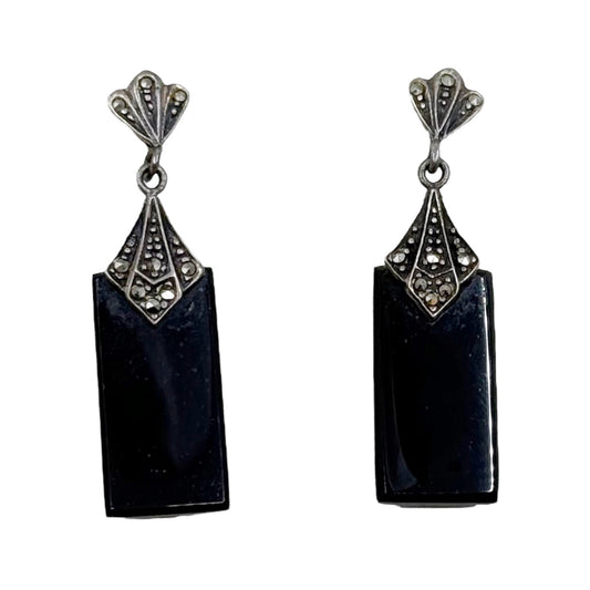 Vintage sterling silver onyx & marcasite drop earrings - GM58