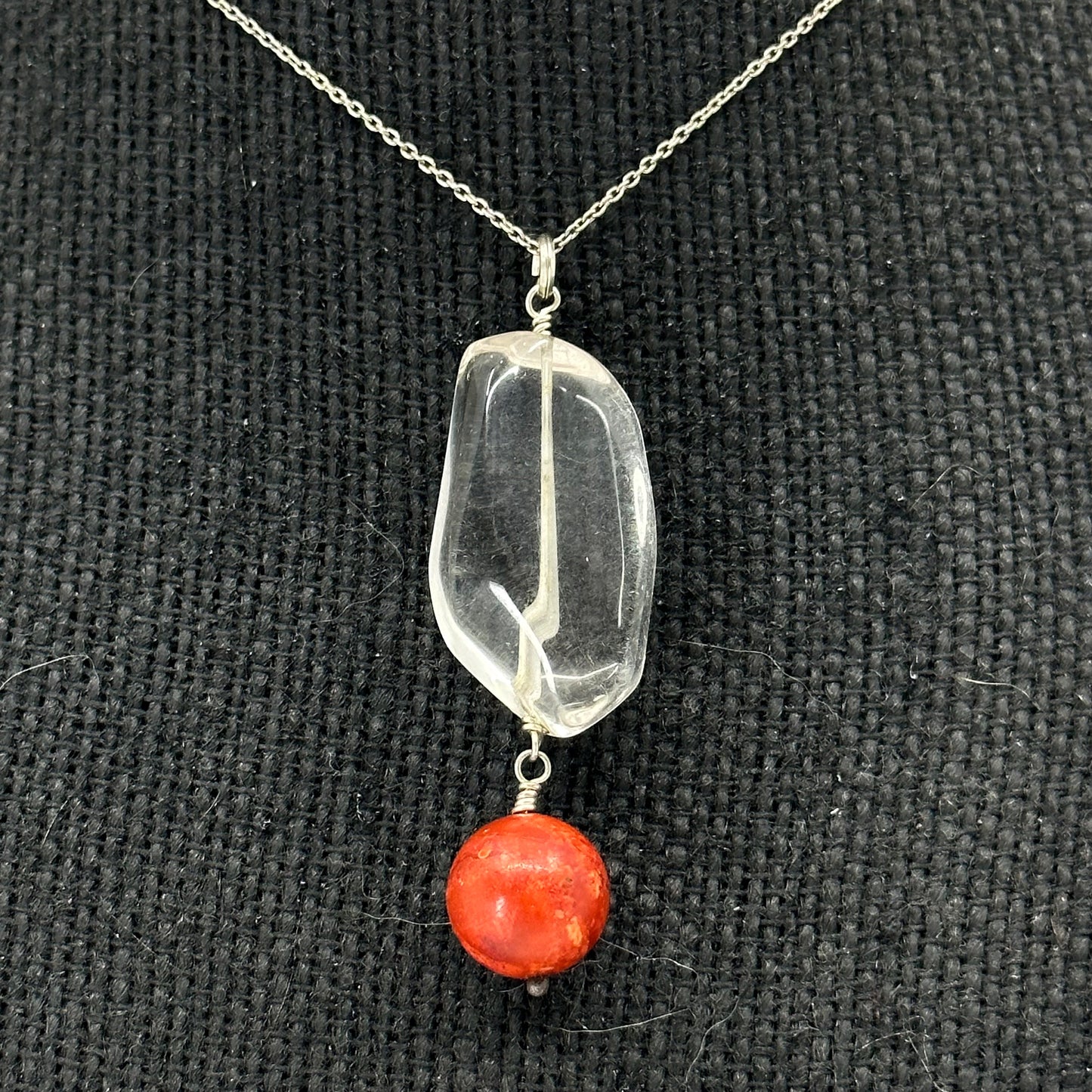 Hand made Sterling silver rock crystal & coral talisman pendant