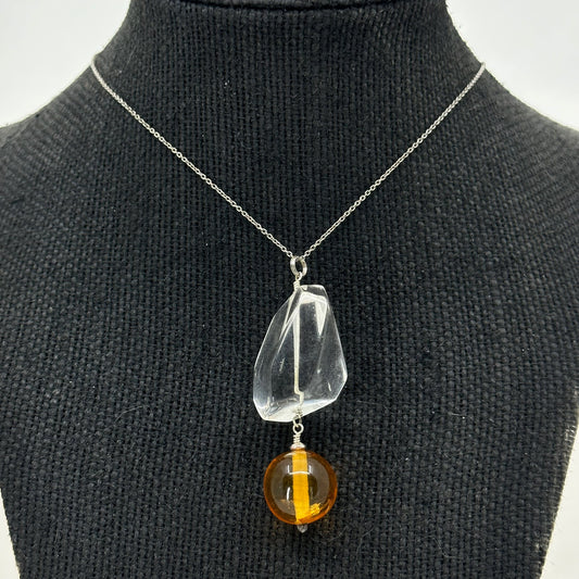 Hand made Sterling silver rock crystal & Baltic amber talisman pendant