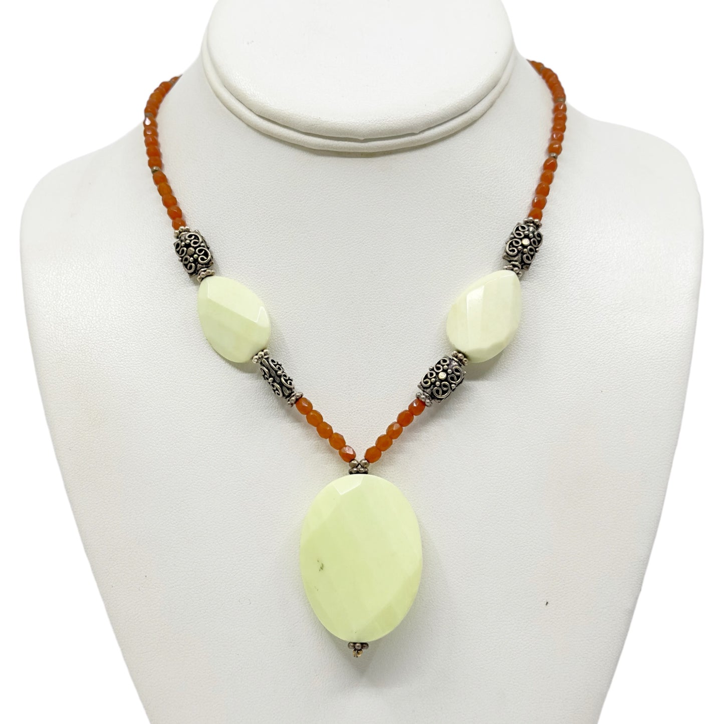 Sterling silver Citron Chrysoprase & carnelian bead necklace