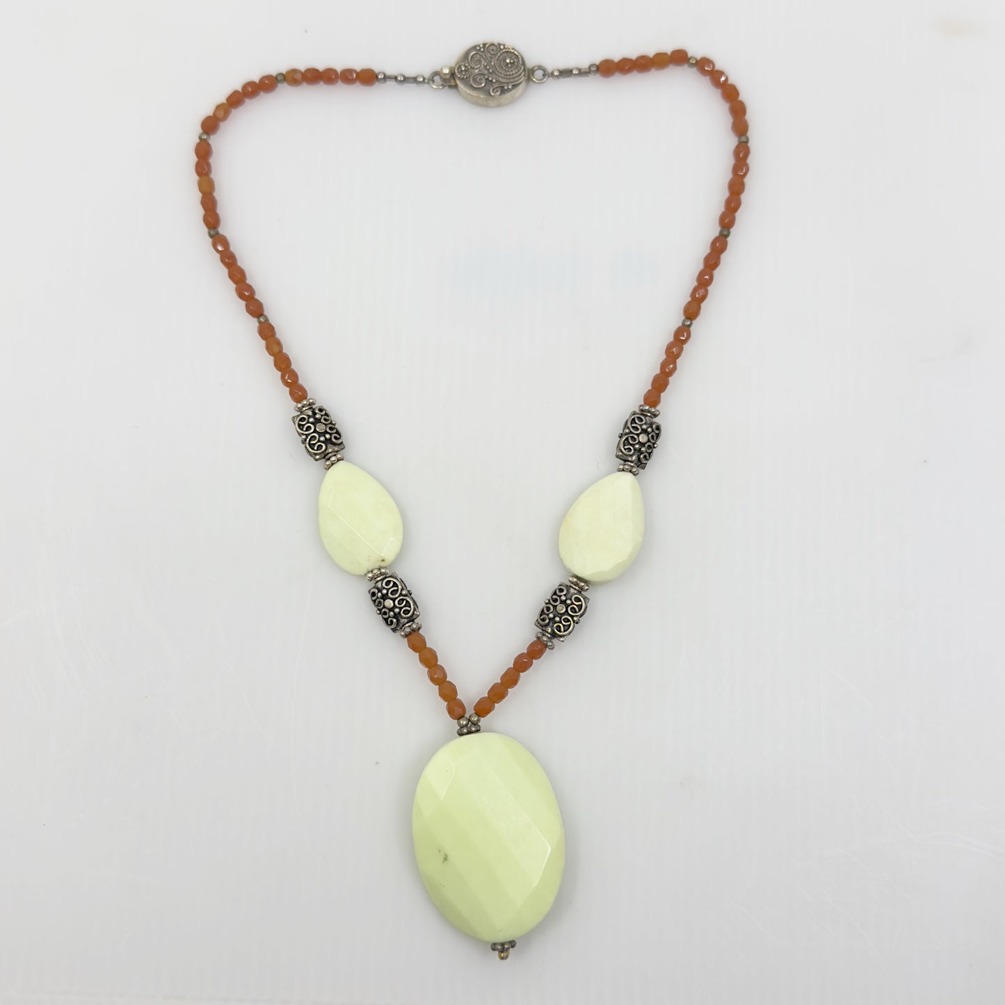 Sterling silver Citron Chrysoprase & carnelian bead necklace