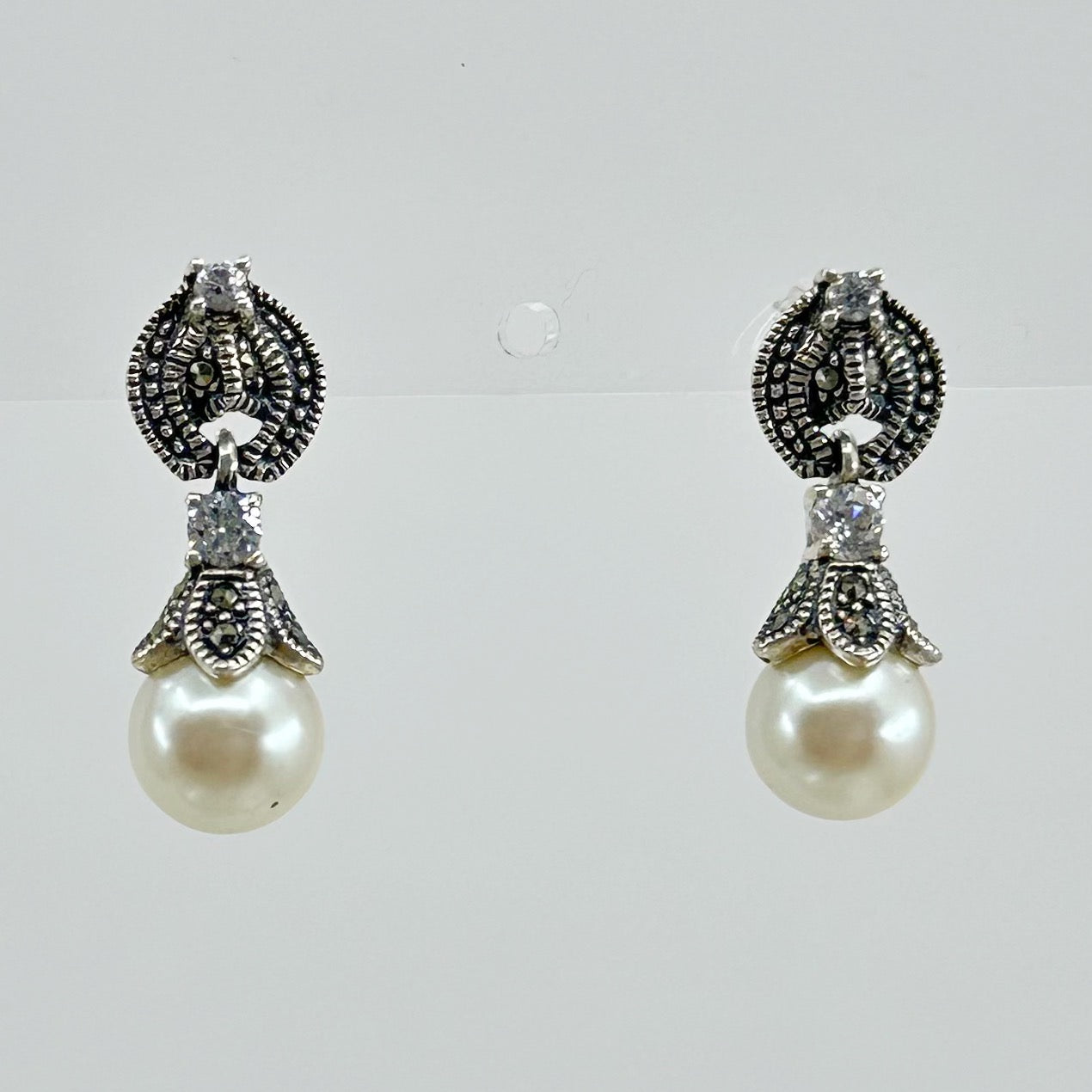 Sterling silver pearl & marcasite earrings