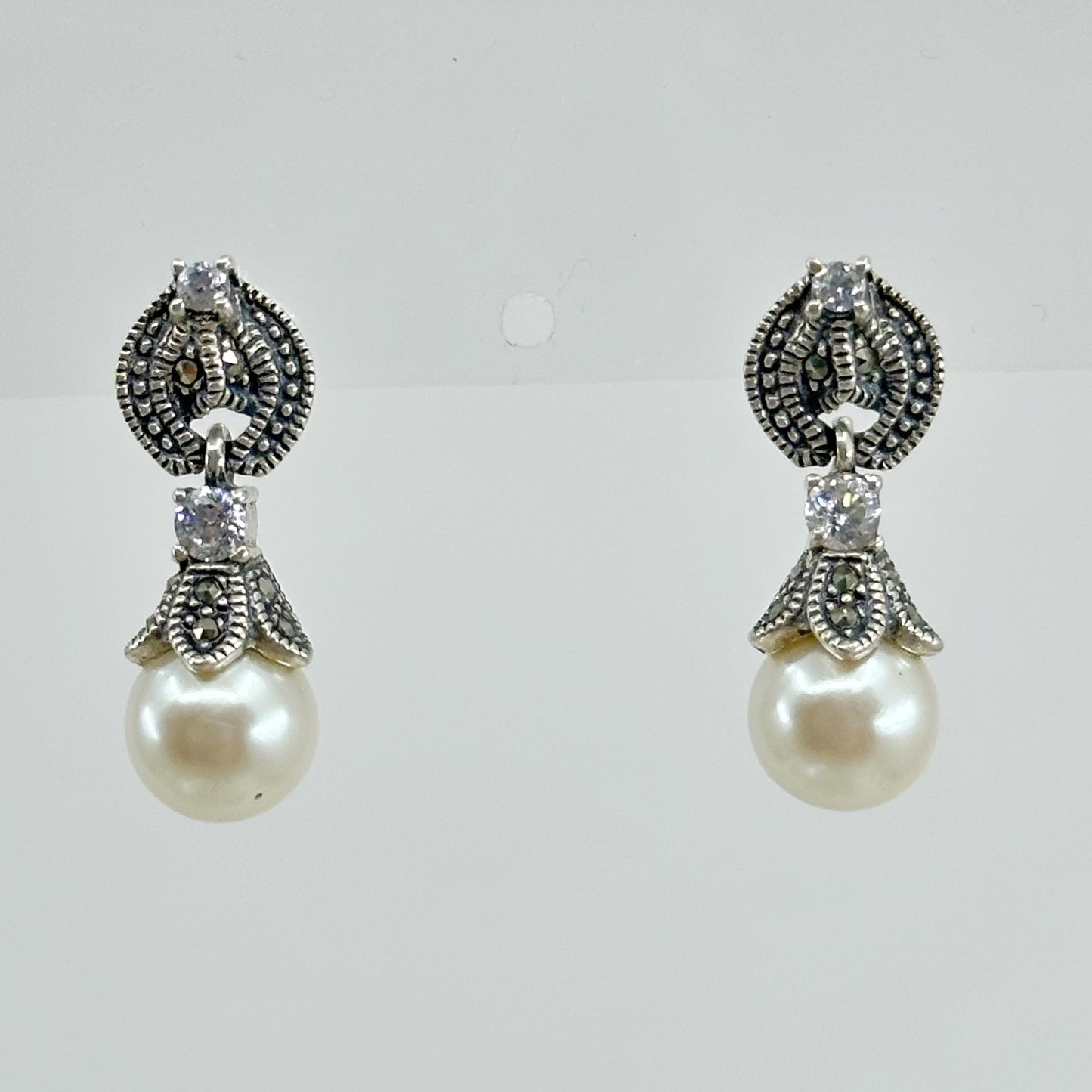 Sterling silver pearl & marcasite earrings