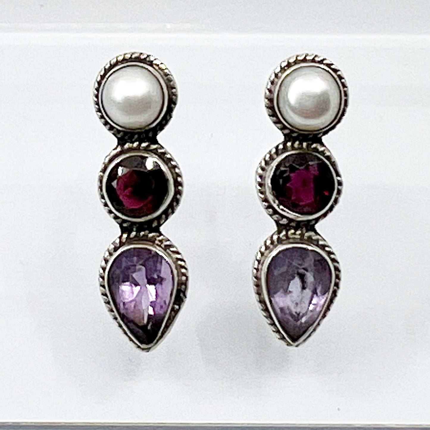 sterling silver pearl garnet & amethyst earrings