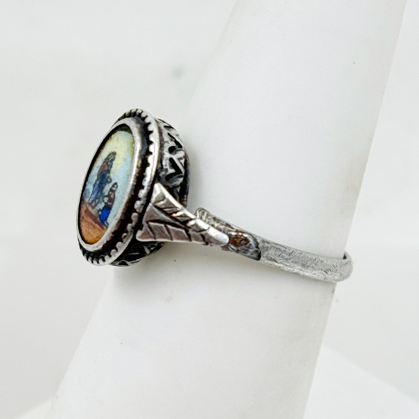 Vintage 800 silver enamel saint religious ring - GM612