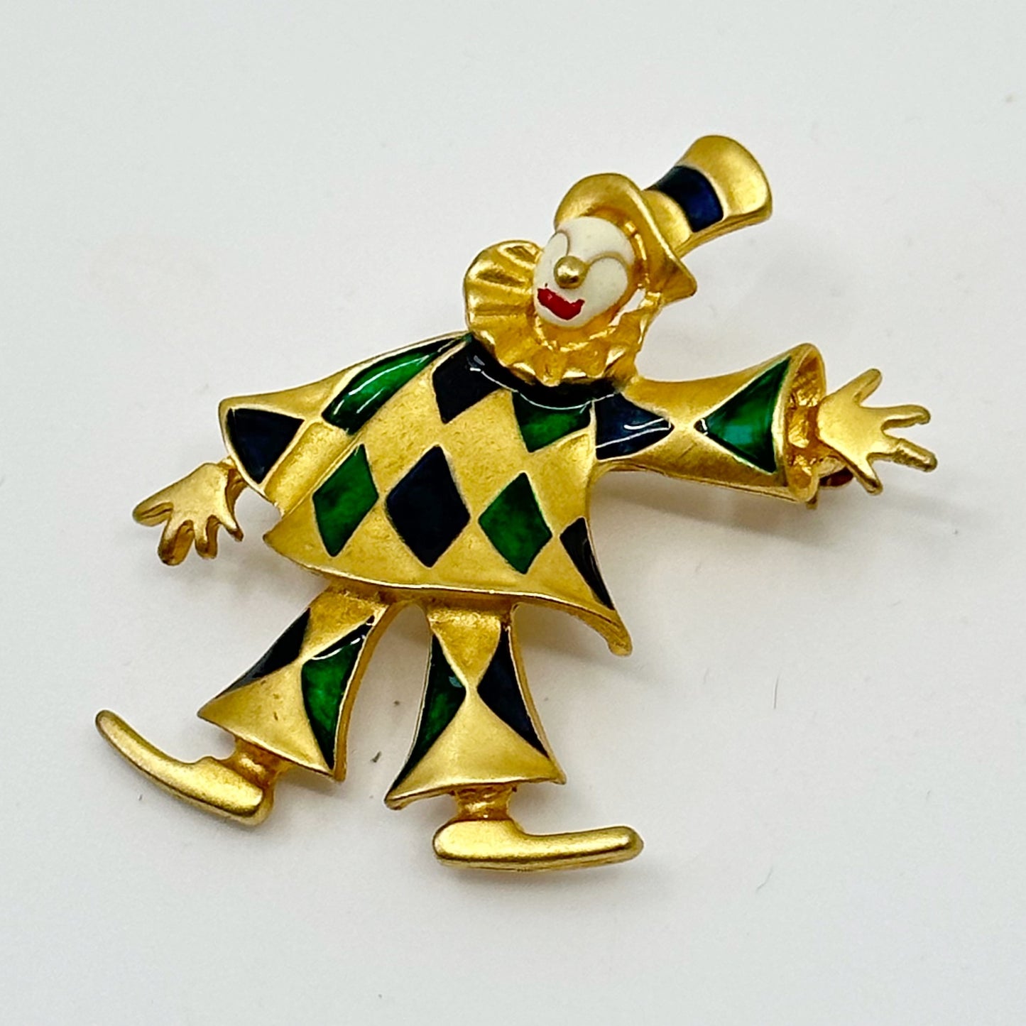 PEP gold tone enamel harlequin clown brooch