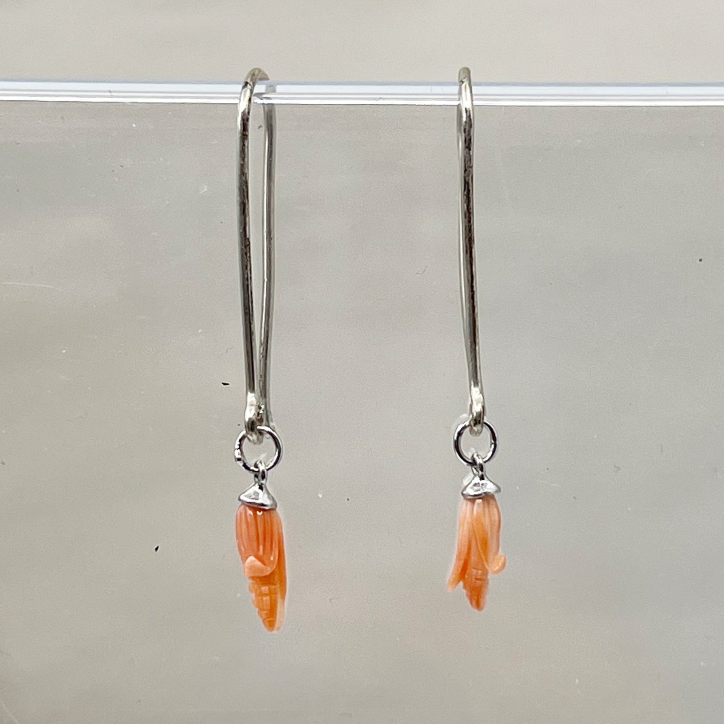 Handmade sterling silver carved corn cob coral earrings