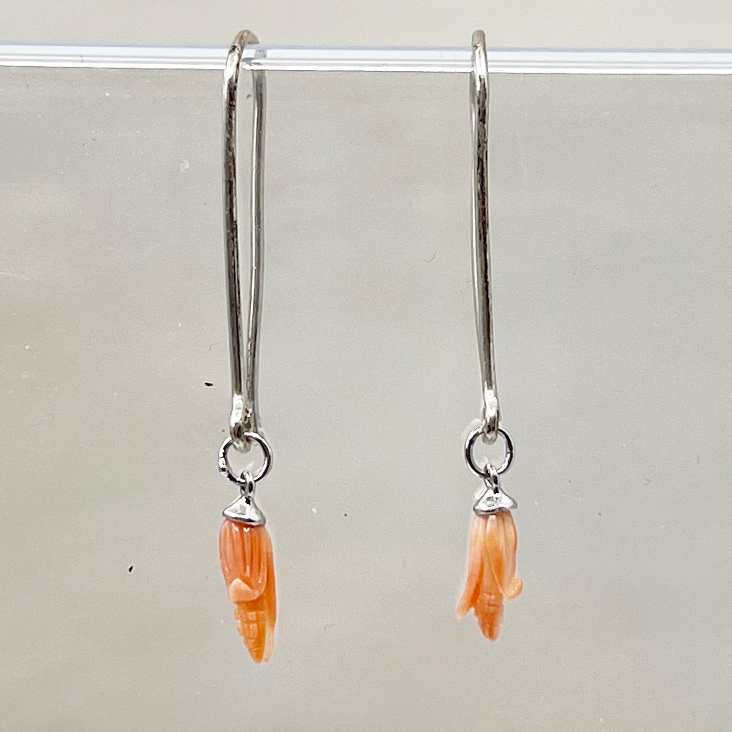 Handmade sterling silver carved corn cob coral earrings