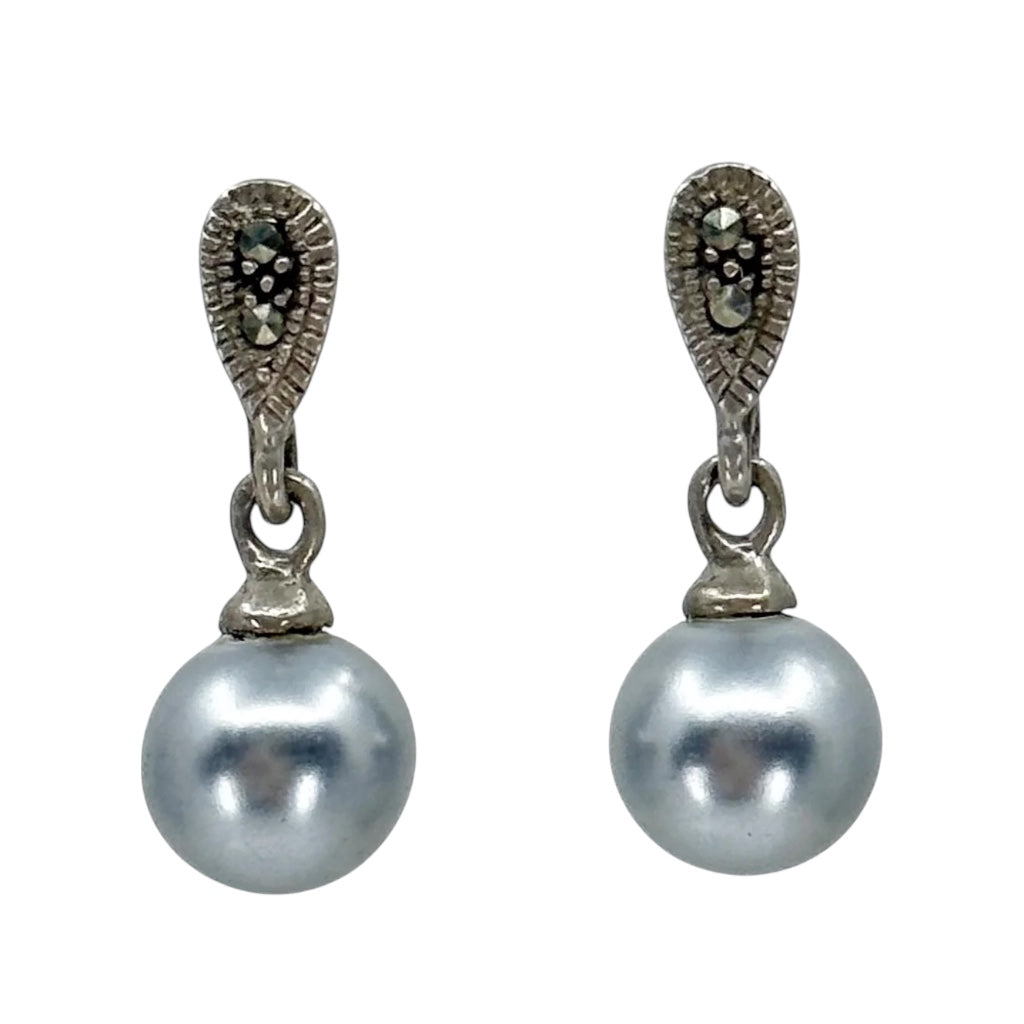 Sterling silver pearl & marcasite earrings - GM637