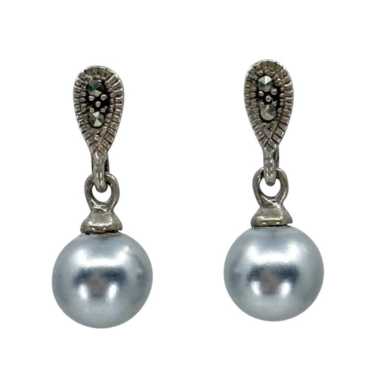 Sterling silver pearl & marcasite earrings - GM637