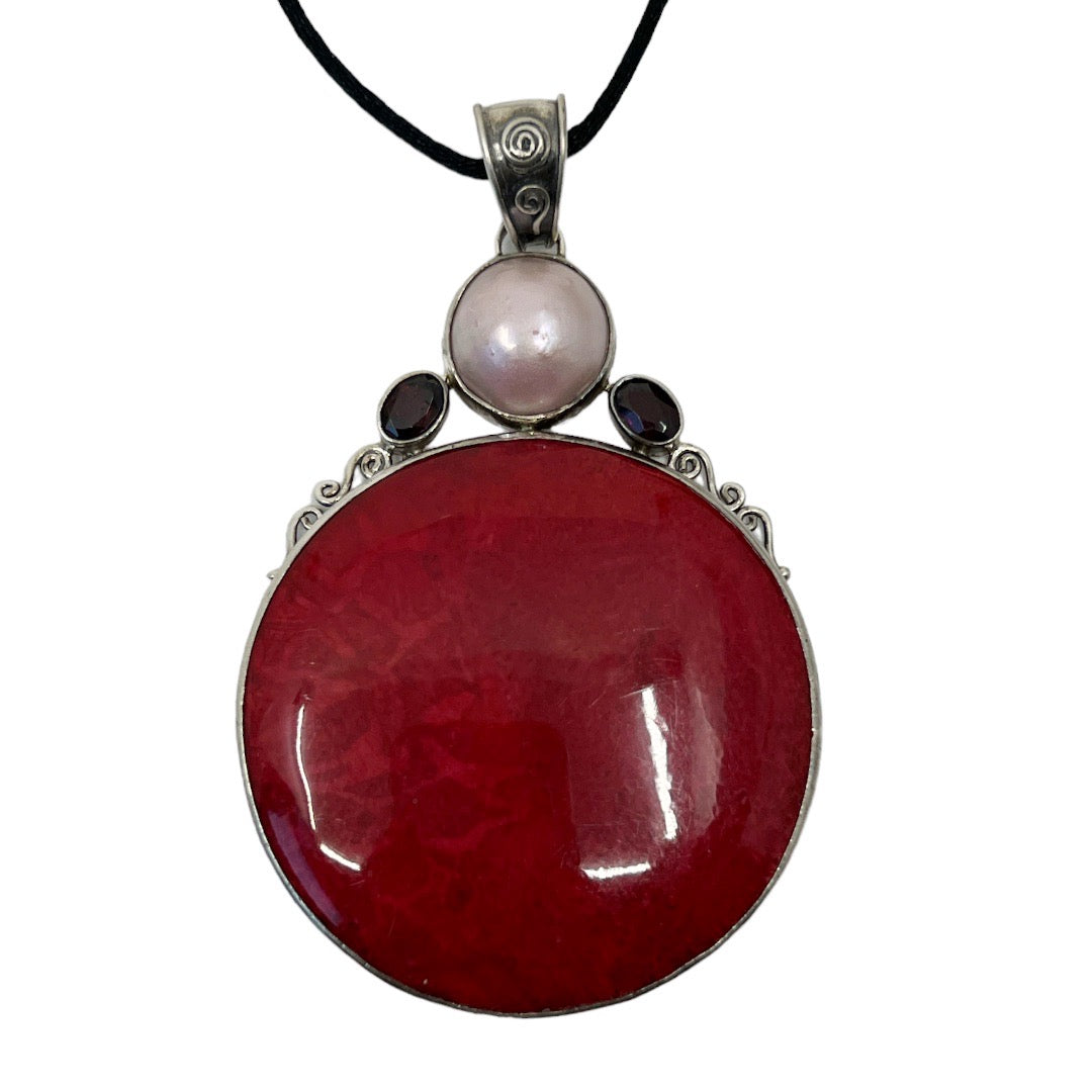 Sterling silver sponge coral & mabe pearl pendant