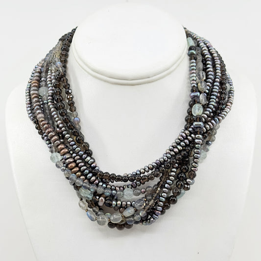 Stephen Dweck bronze pearl  labradorite smoky quartz bead torsade necklace GM677