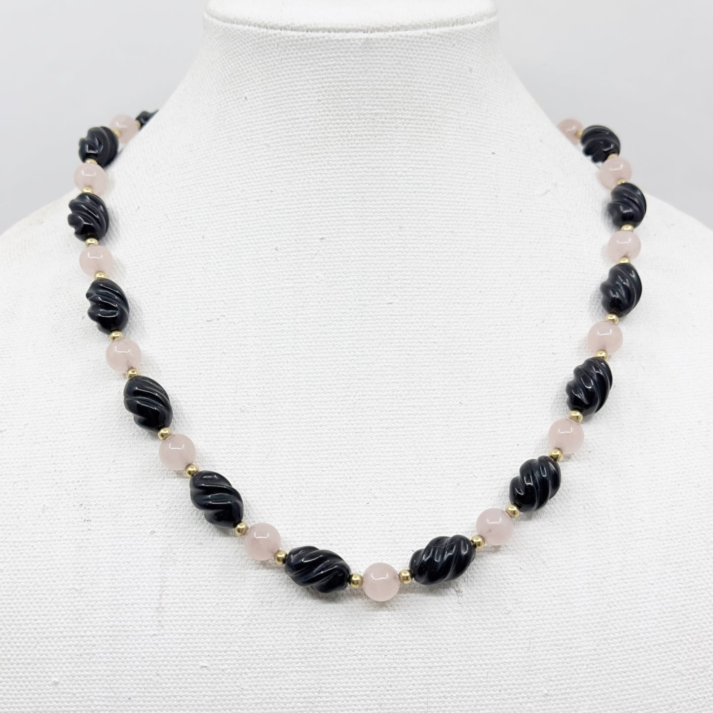 14k Gold Filled rose quartz & onyx bead necklace