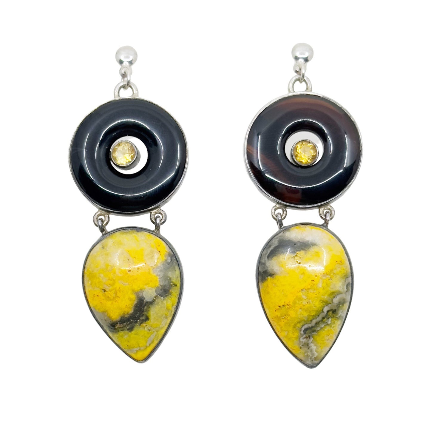 Hand Made sterling silver onyx agate & citrine drop earrings