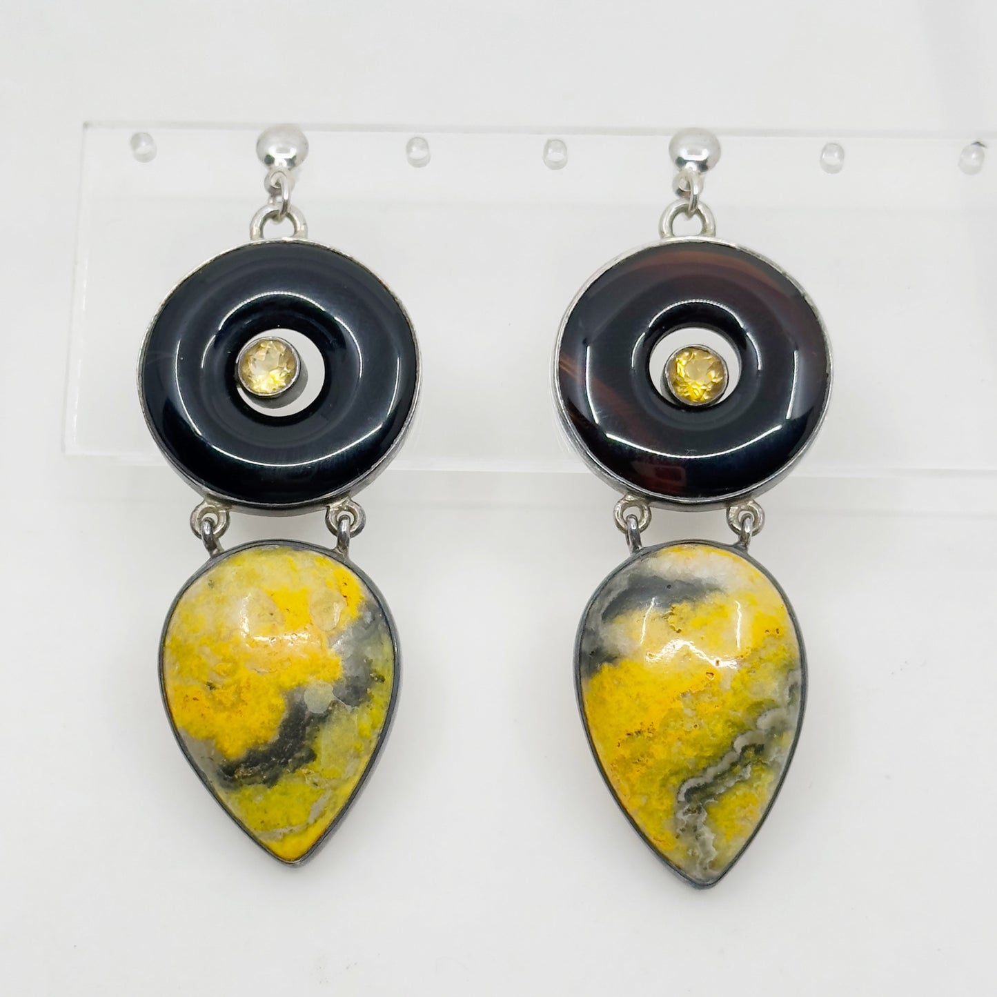 Hand Made sterling silver onyx agate & citrine drop earrings