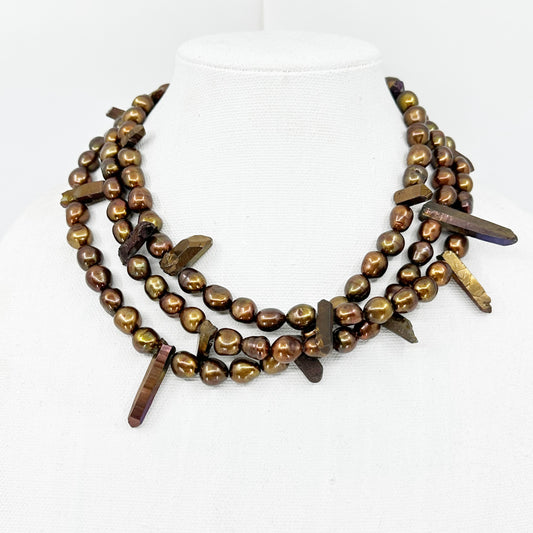 Handcrafted freshwater pearl & titanium coated quartz bead necklace