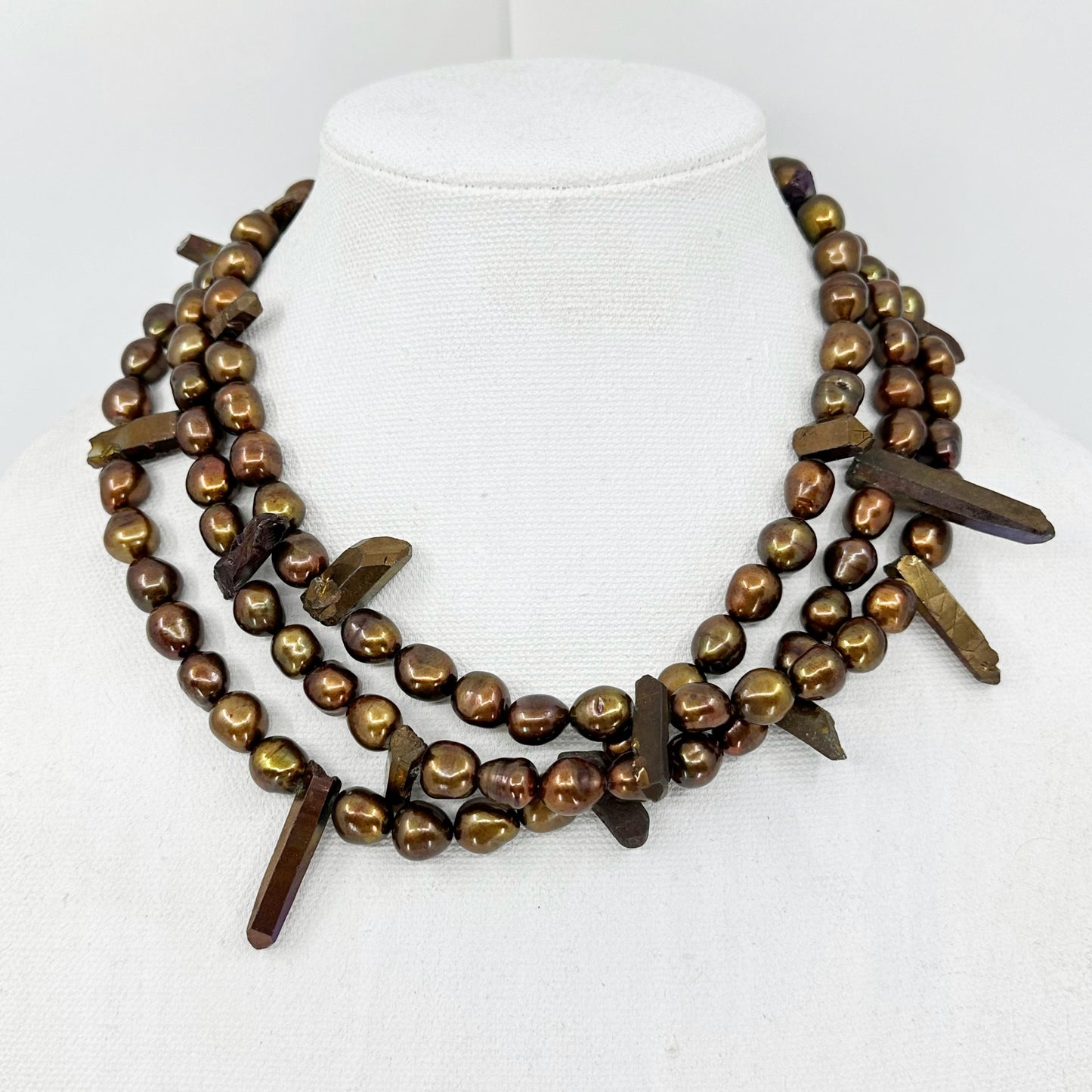 Handcrafted freshwater pearl & titanium coated quartz bead necklace