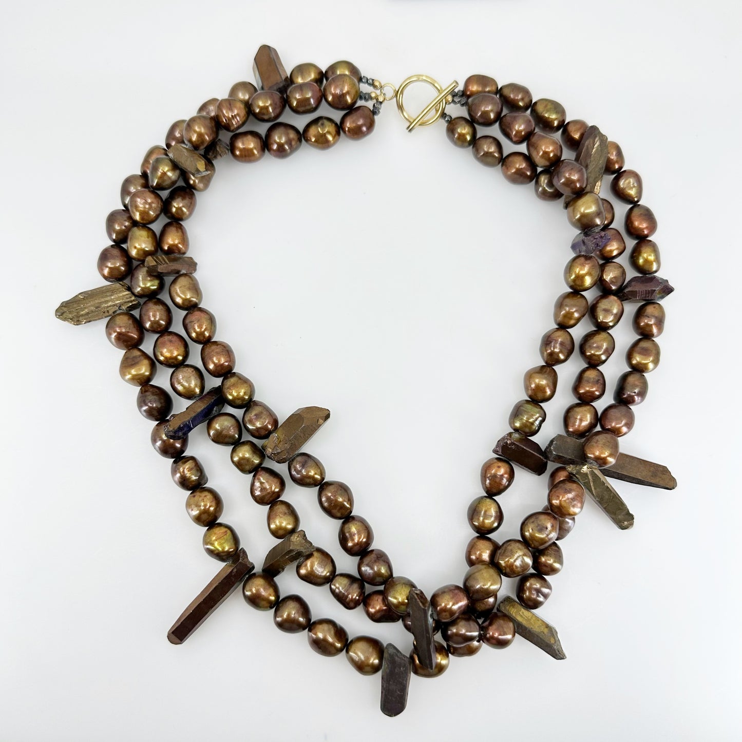 Handcrafted freshwater pearl & titanium coated quartz bead necklace