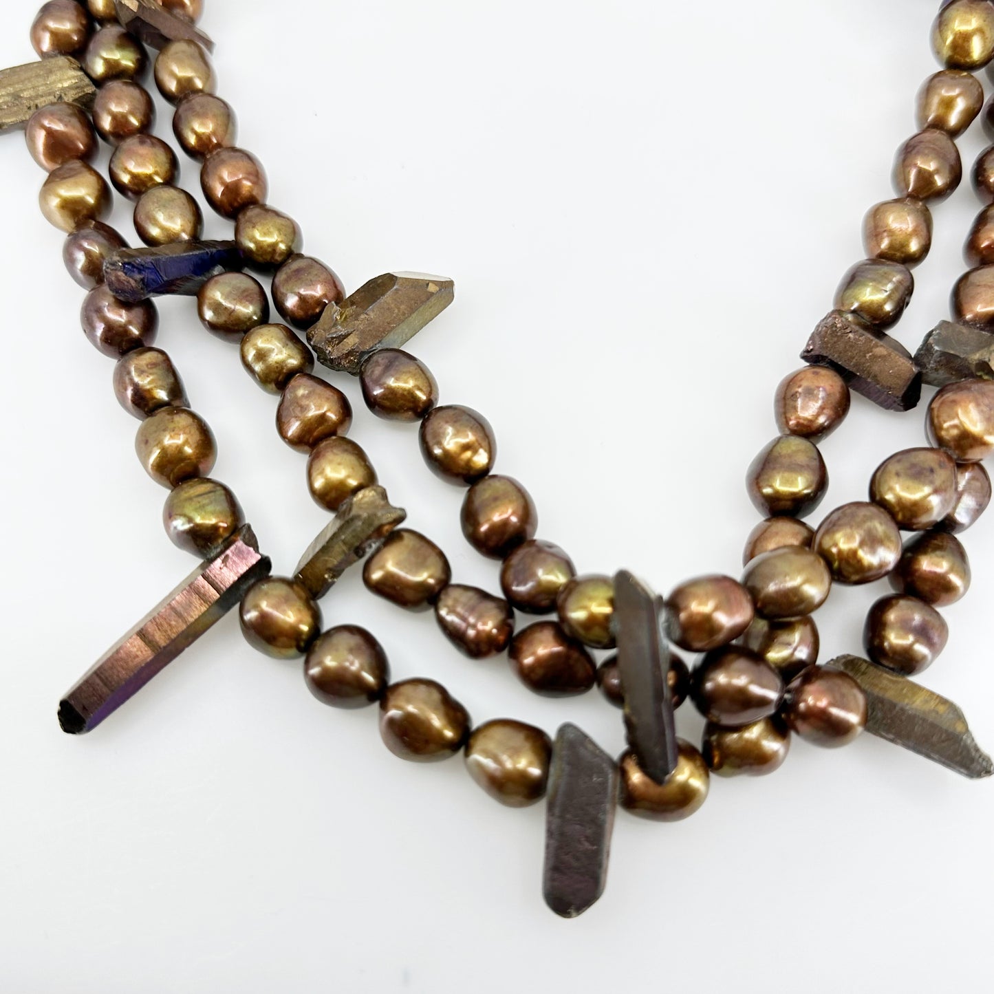 Handcrafted freshwater pearl & titanium coated quartz bead necklace