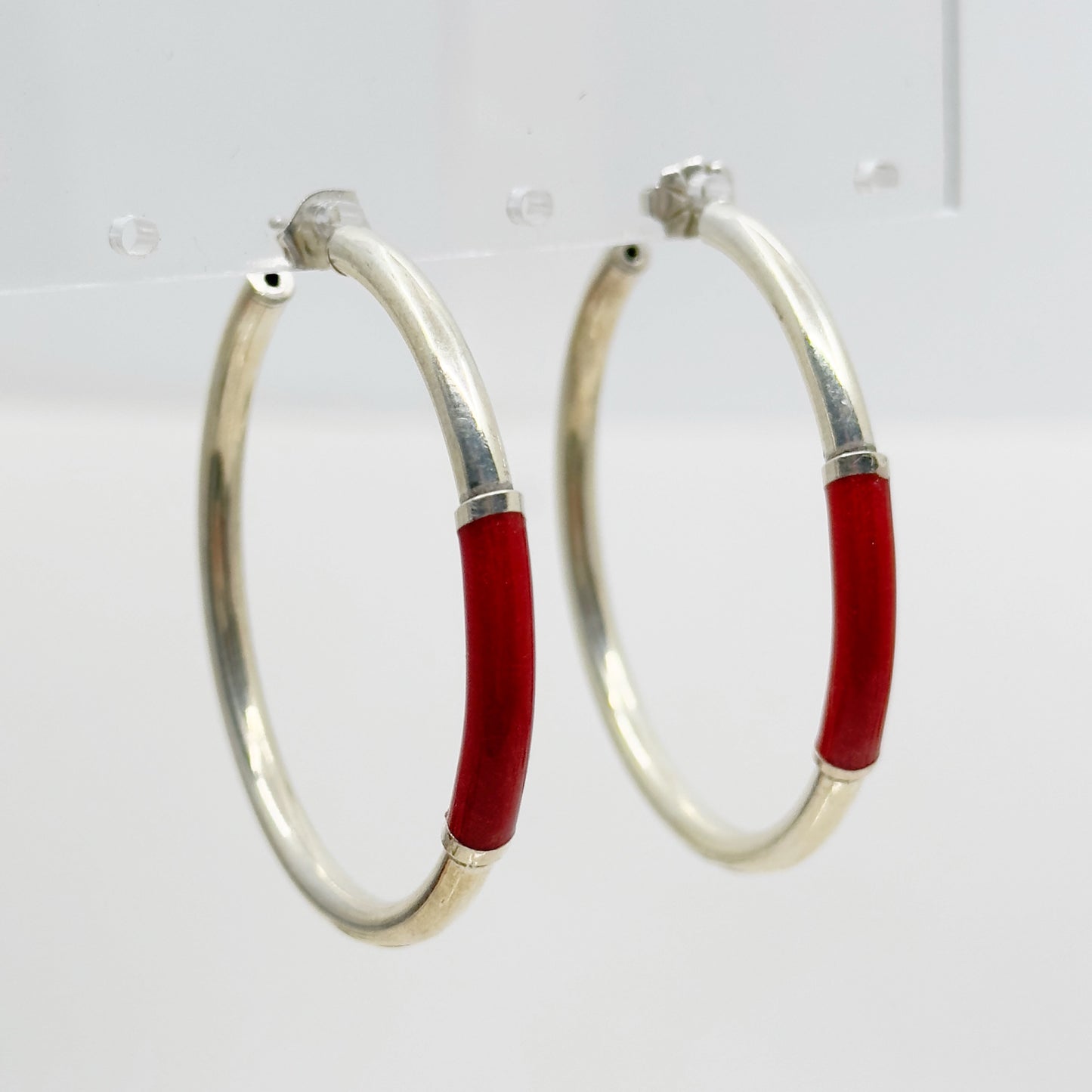 sterling silver red enamel hoop earrings