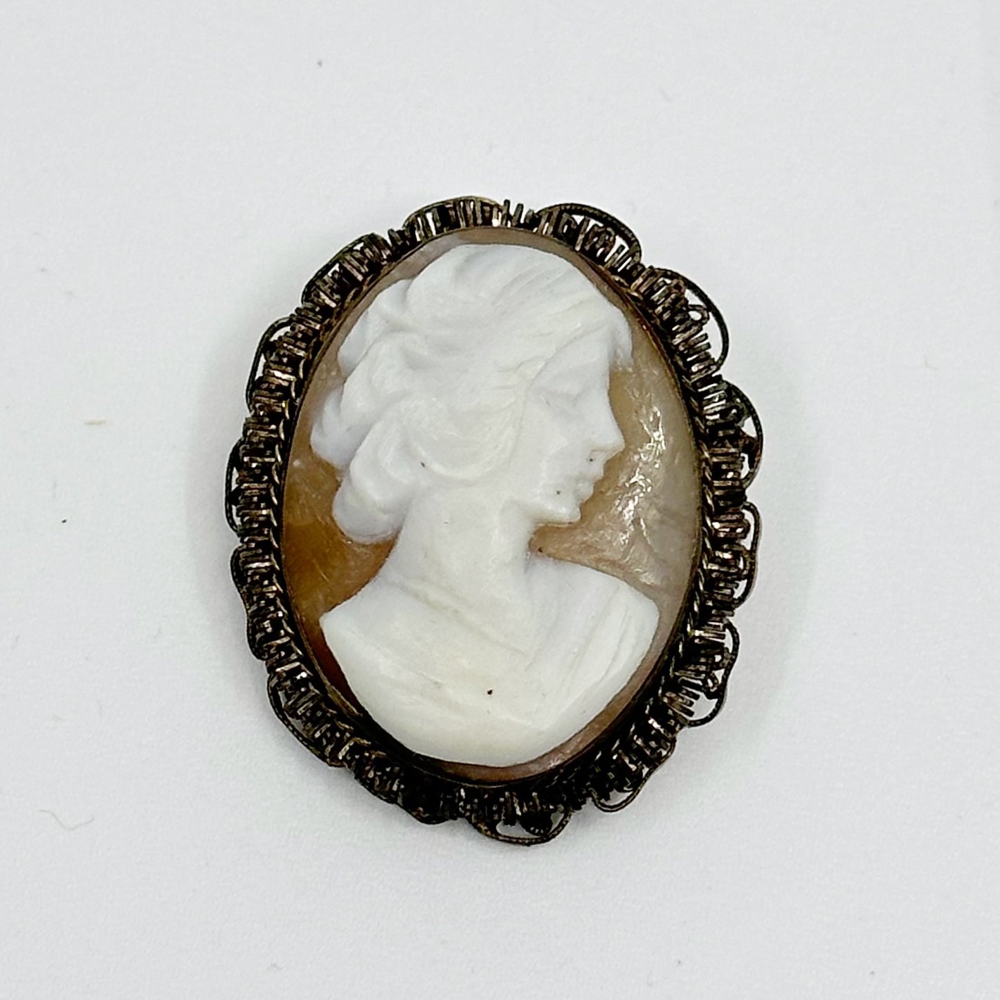 Vintage Italian brass carved shell cameo brooch pendant