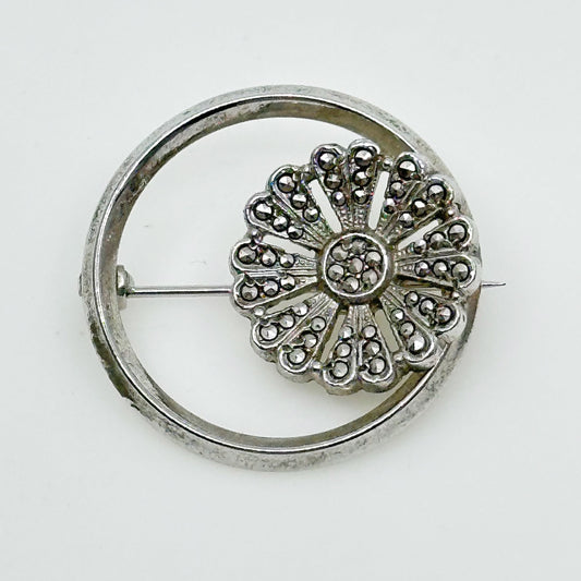 Vintage Silver plated marcasite brooch