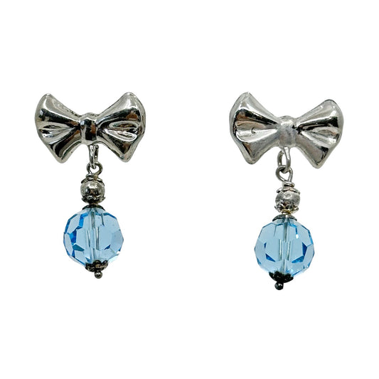 Vintage Sterling silver crystal bead ribbon bow earrings