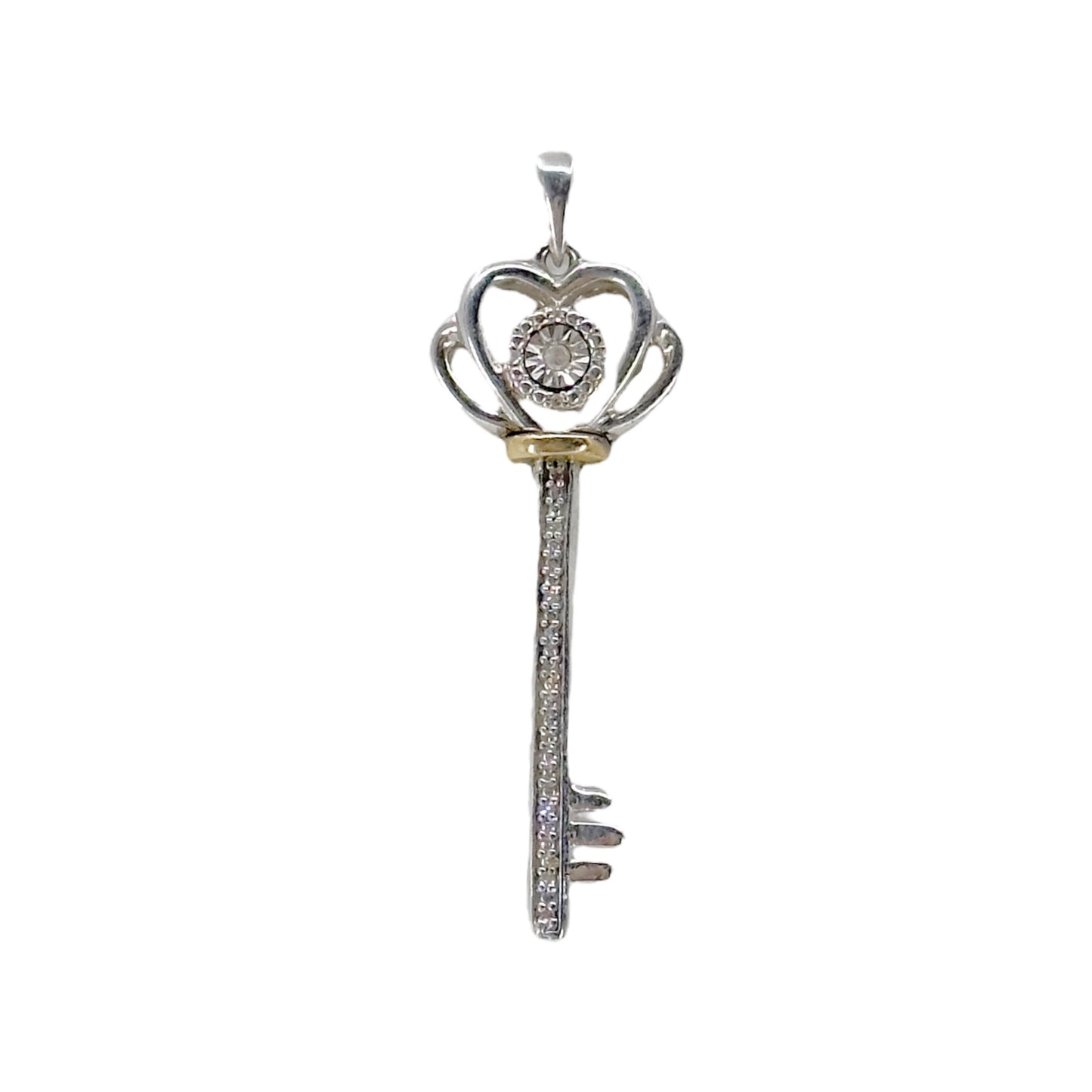 10k Gold Sterling silver diamond skeleton key pendant