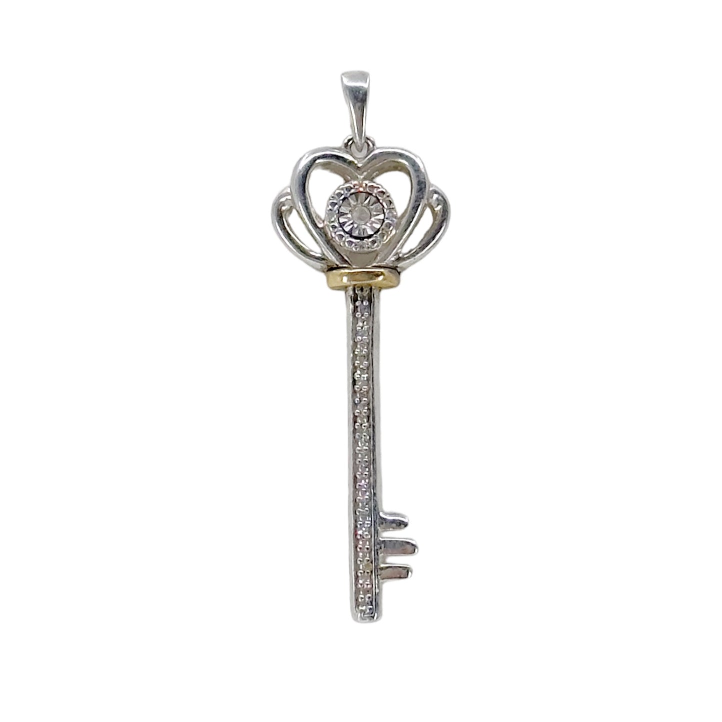 10k Gold Sterling silver diamond skeleton key pendant