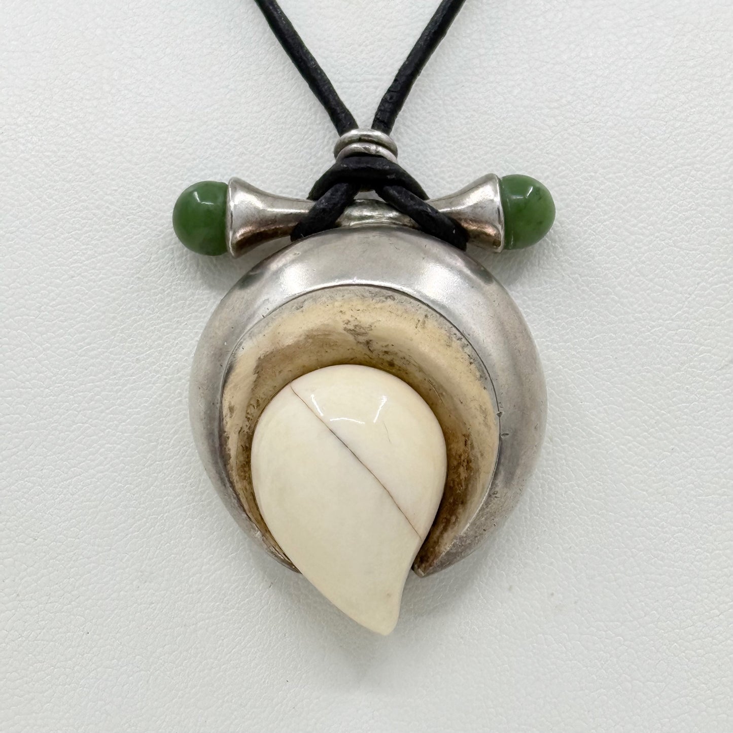 Patricia Von Musulin sterling silver bone & jade  leather cord necklace