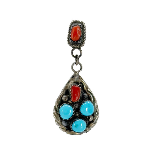 Navajo D sterling silver coral & turquoise drop single earrings