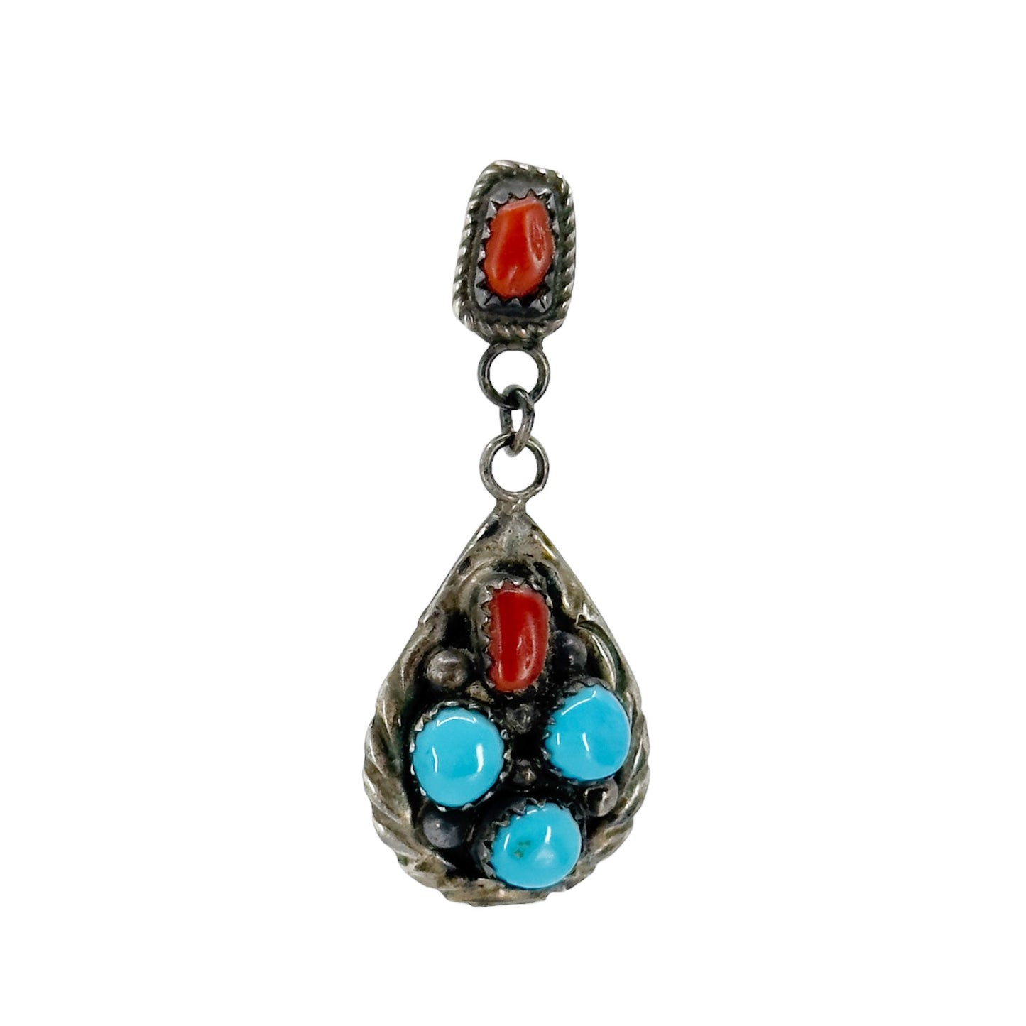 Navajo D sterling silver coral & turquoise drop single earrings