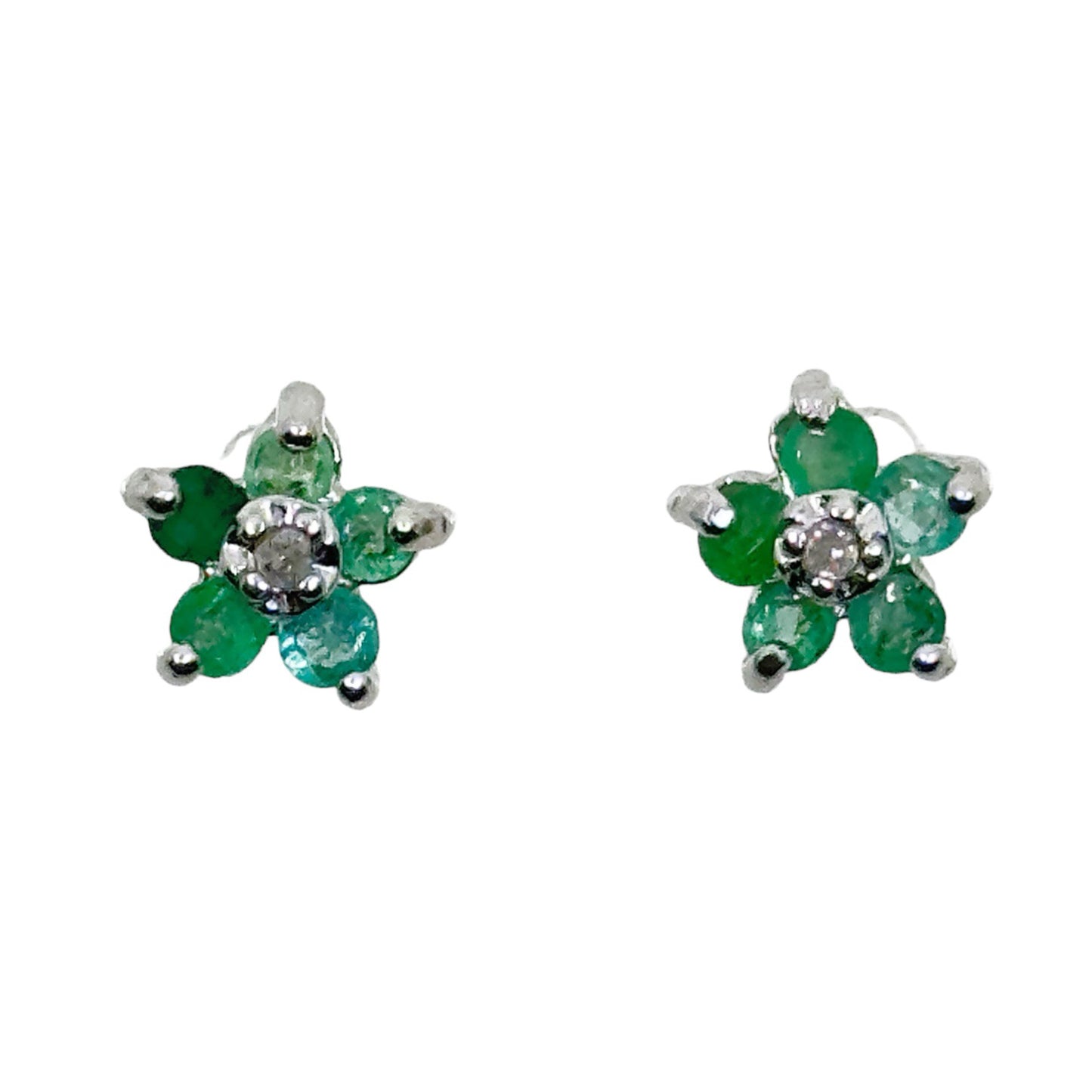 Sterling silver emerald & diamond flower stud earrings