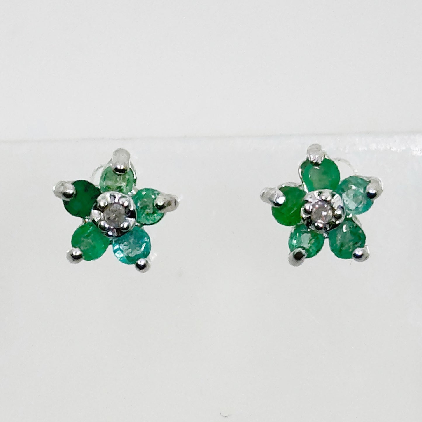 Sterling silver emerald & diamond flower stud earrings