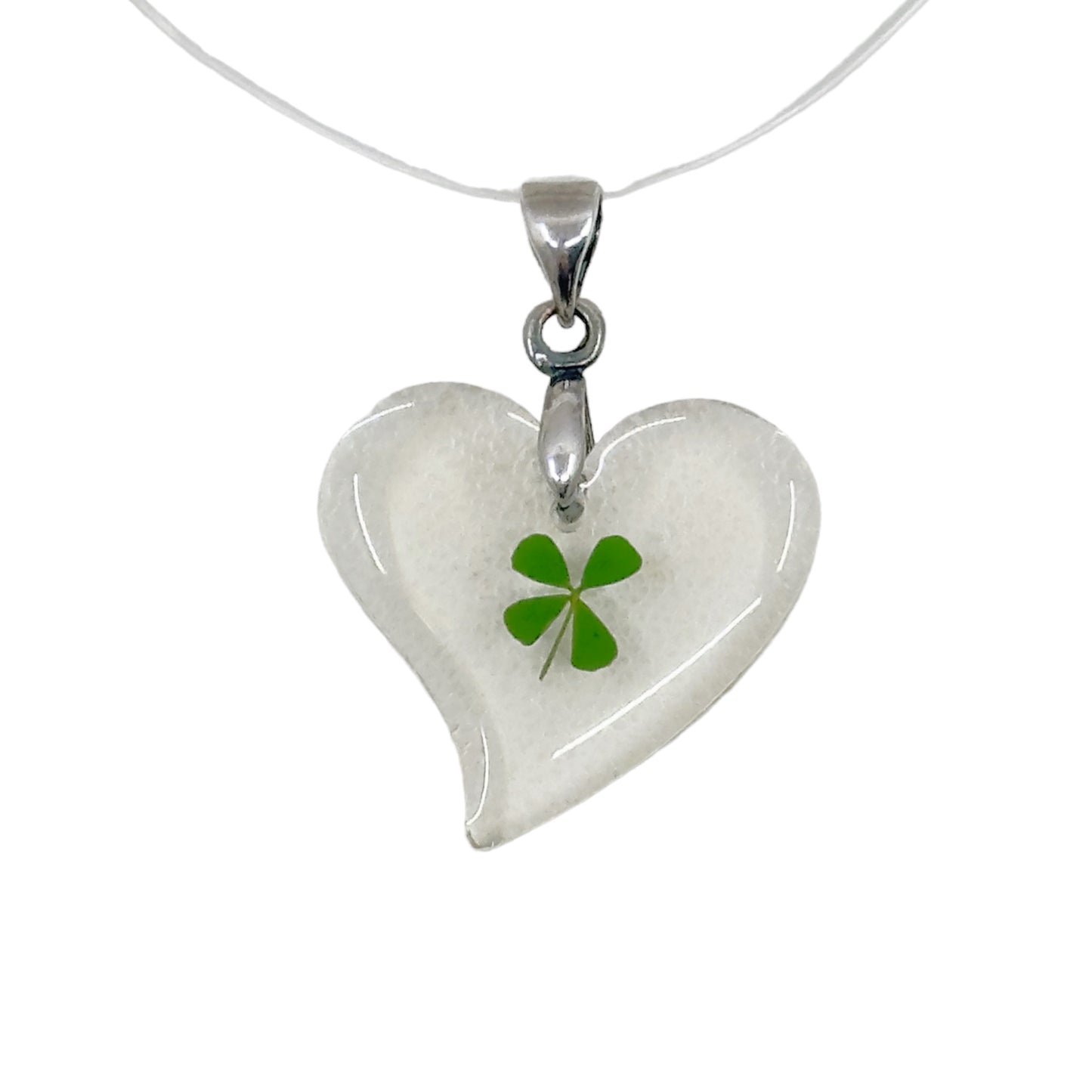 Sterling silver four leaf clover lucite heart Pendant