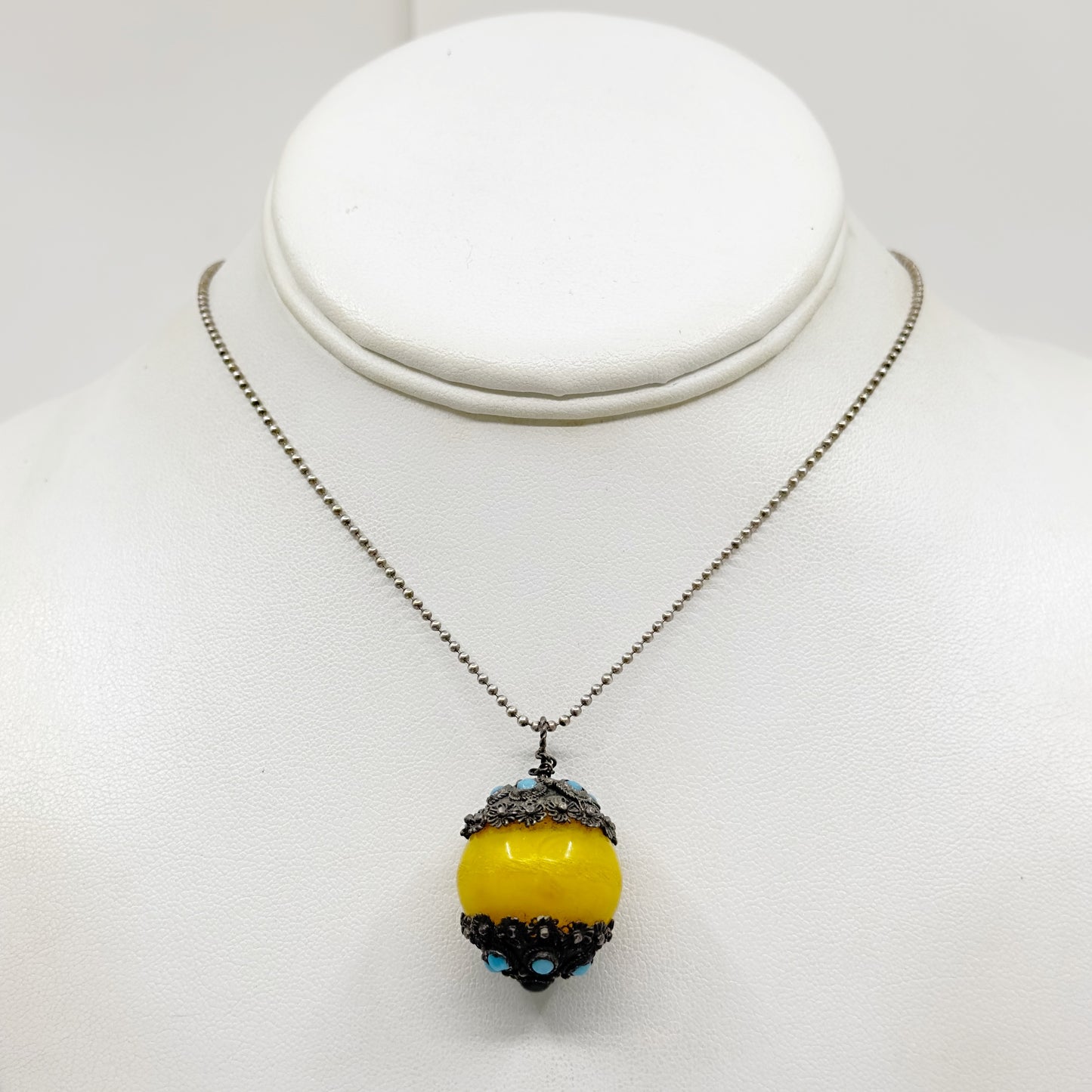 Vintage sterling silver  lucite copal amber & turquoise pendant