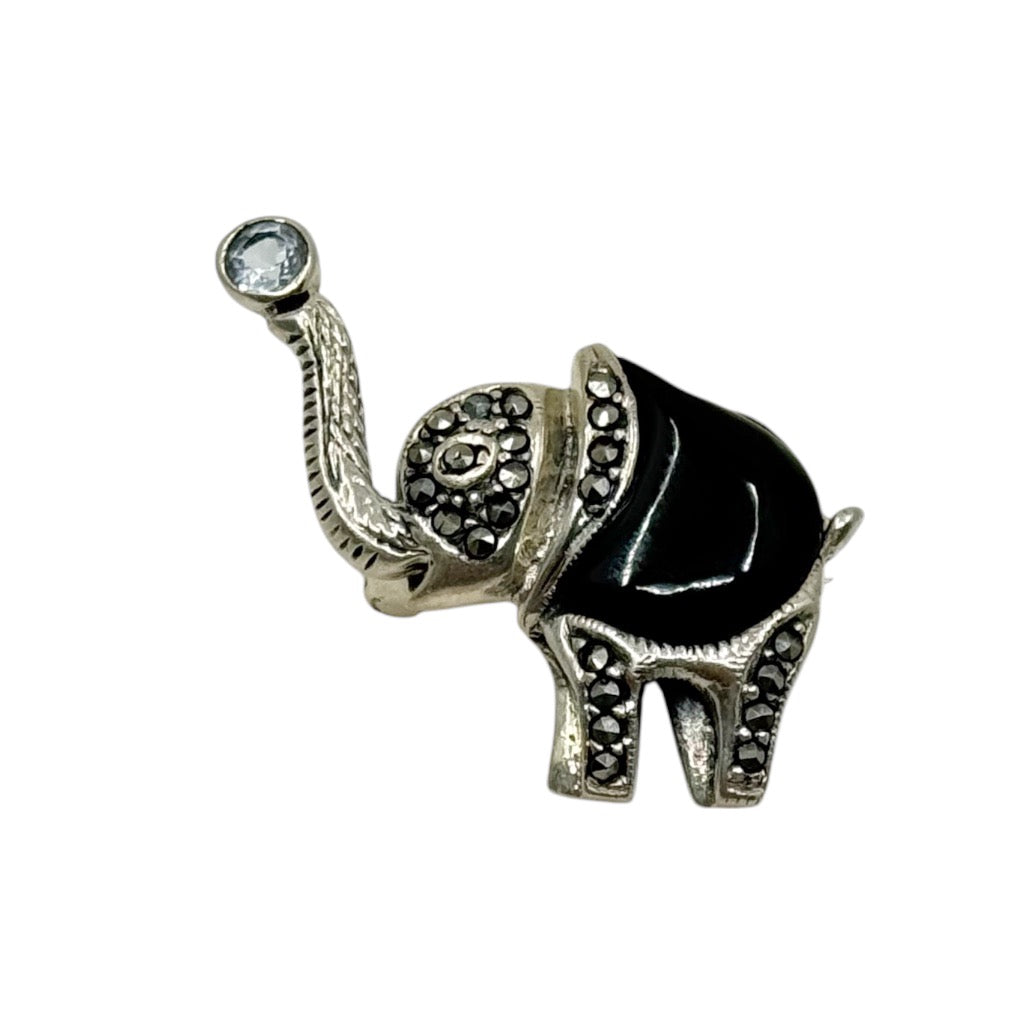 sterling silver blue topaz marcasite & onyx elephant brooch - GM858