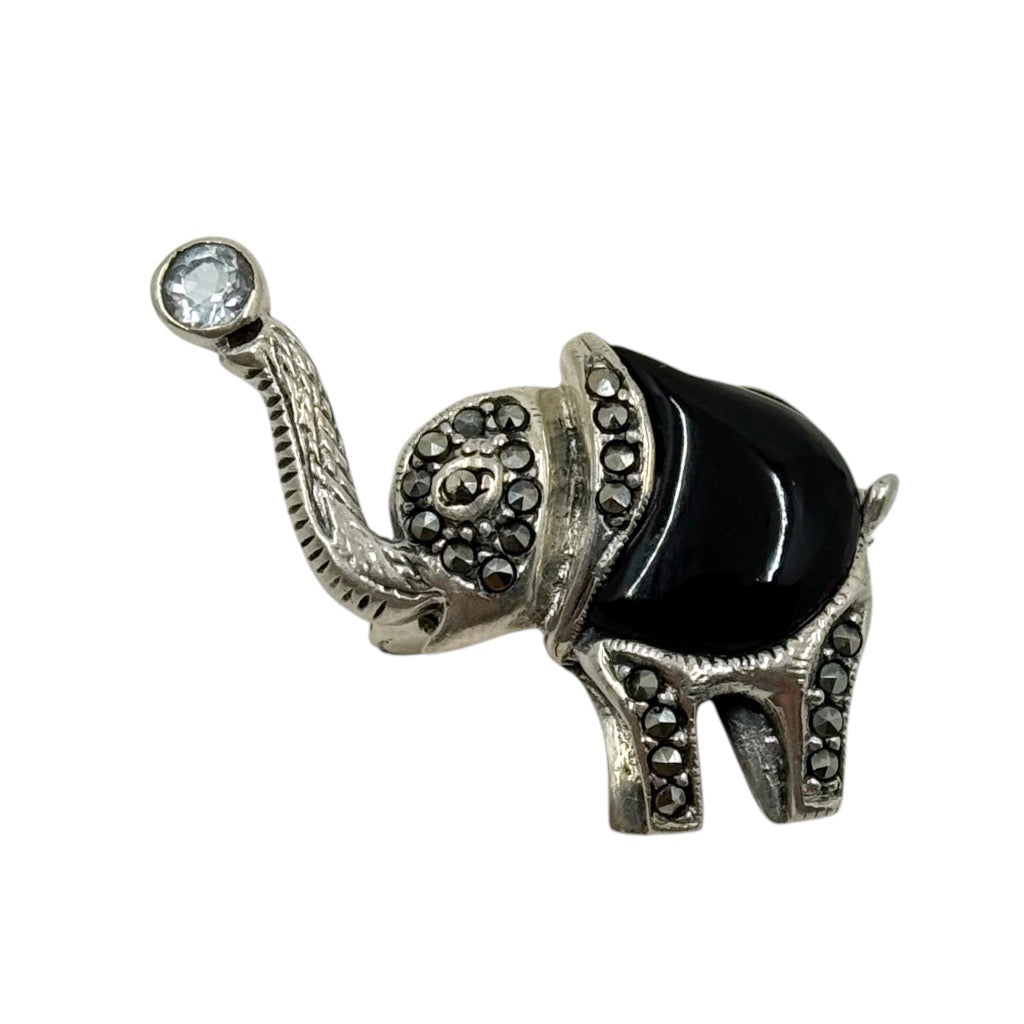 sterling silver blue topaz marcasite & onyx elephant brooch - GM858