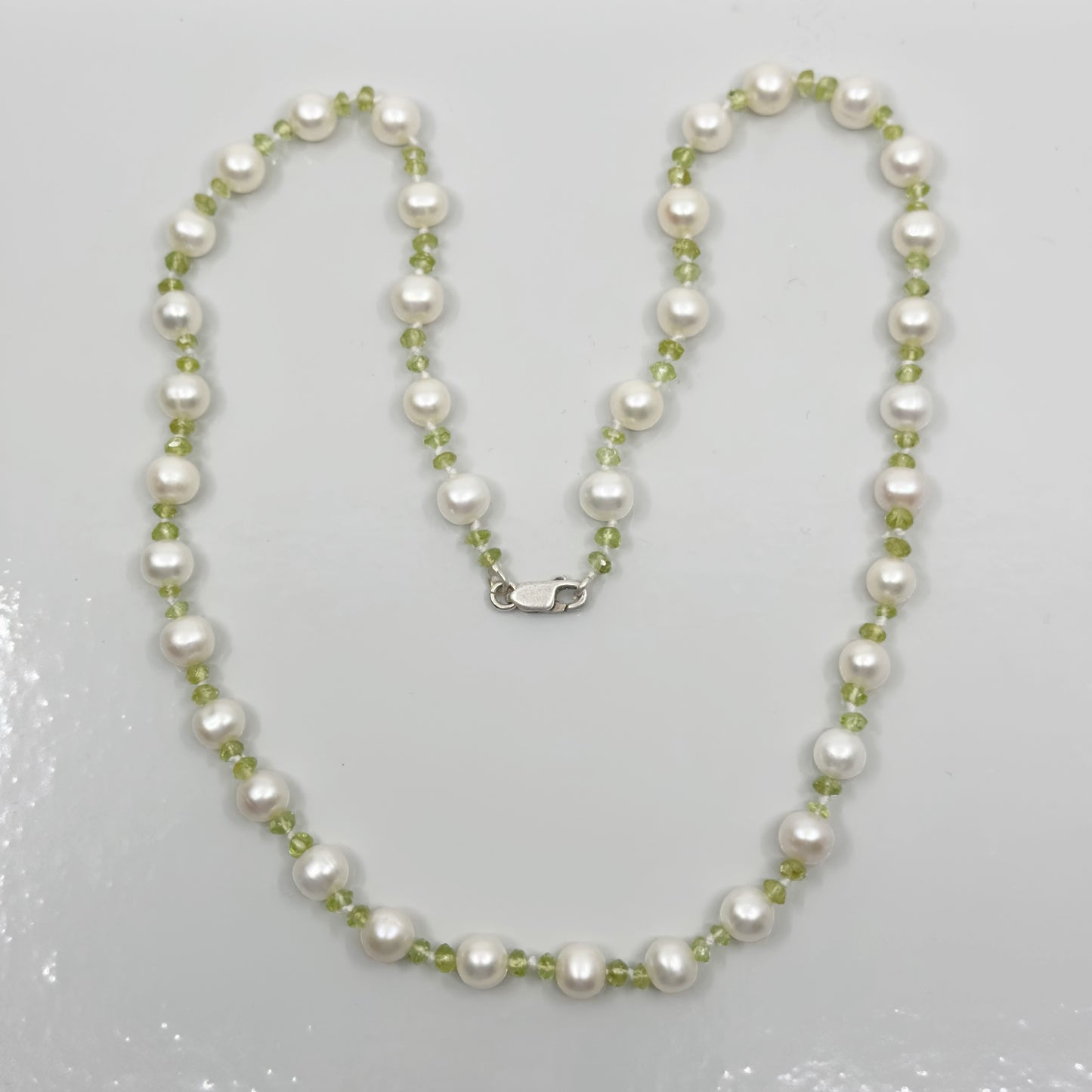 Hand Made Sterling Silver freshwater pearl & peridot bead necklace