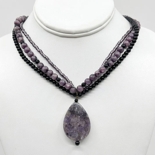 Sterling silver amethyst & onyx bead necklace